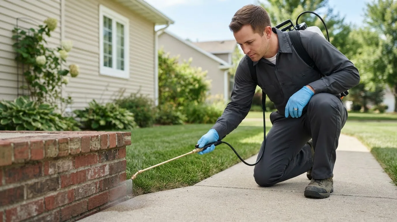 Pest control technician treating a home near Hopkinton, MA